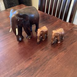 Vintage Solid Teak Hand Carved Wooden Elephants 