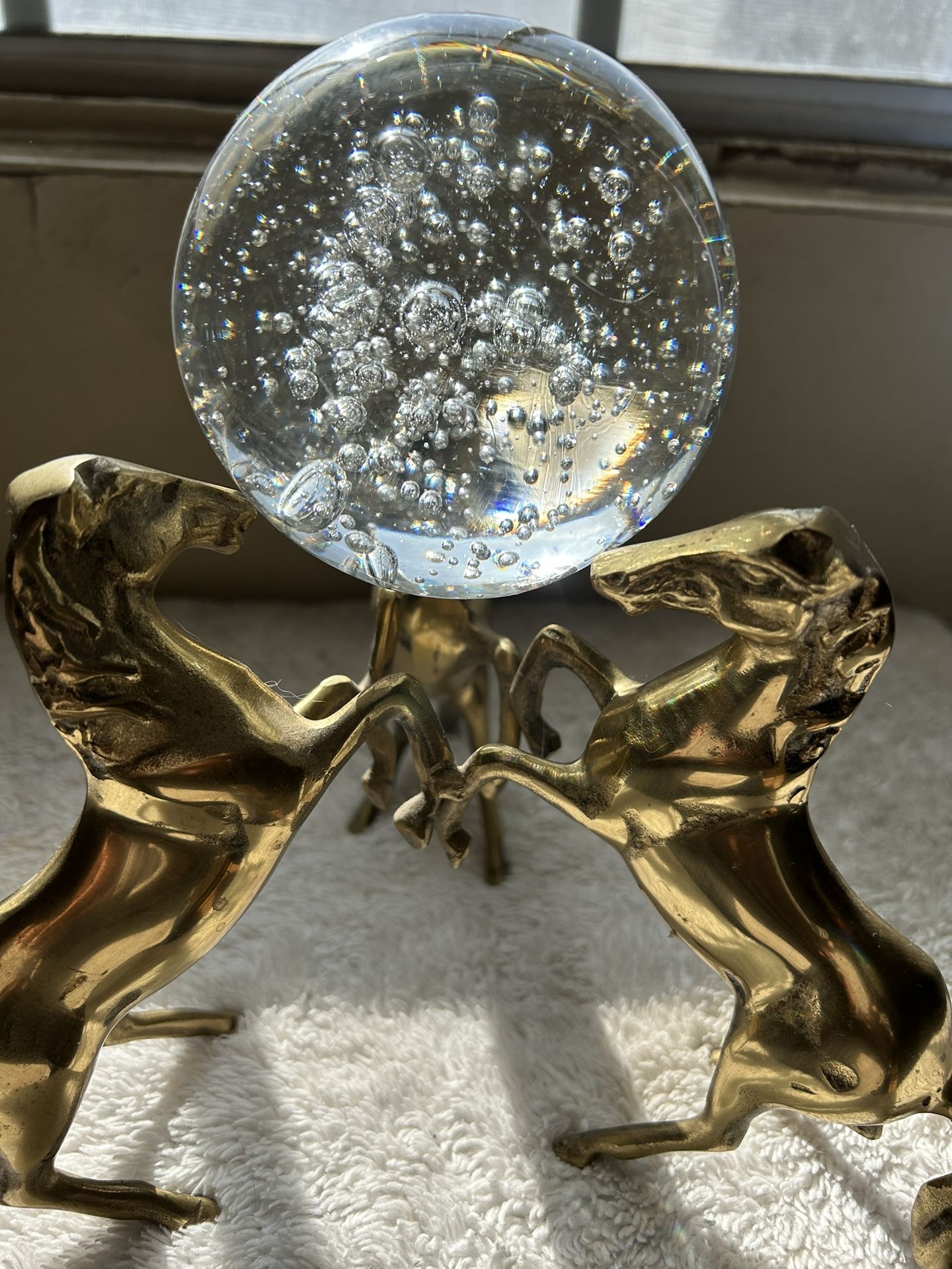 VINTAGE BRASS HORSES WITH CRYSTAL BALL