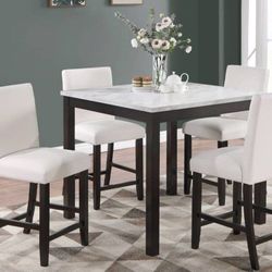✅️✅️5 pc dark finish wood white faux marble top square counter height dining table set✅️