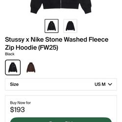 Stussy Nike Black Stone Washed Fleece Zip Up Size Medium 