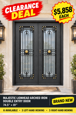 Majestic Lionhead Arched Iron Double Entry Door – 74.5" x 81"