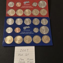 Coins – 2007 Mint Set in Original Mint Packaging - 14 Denver Coins and  14 Philadelphia Coins – Total 28 Coins