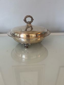 Footed silver plate covered casserole 11” wide