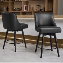 T-Counter Height Bar Stools Set of 2, Swivel Barstools with Backs and Wood Legs, Faux Leather Upholstered Counter Stools for Kitchend Island, Mid-Cent