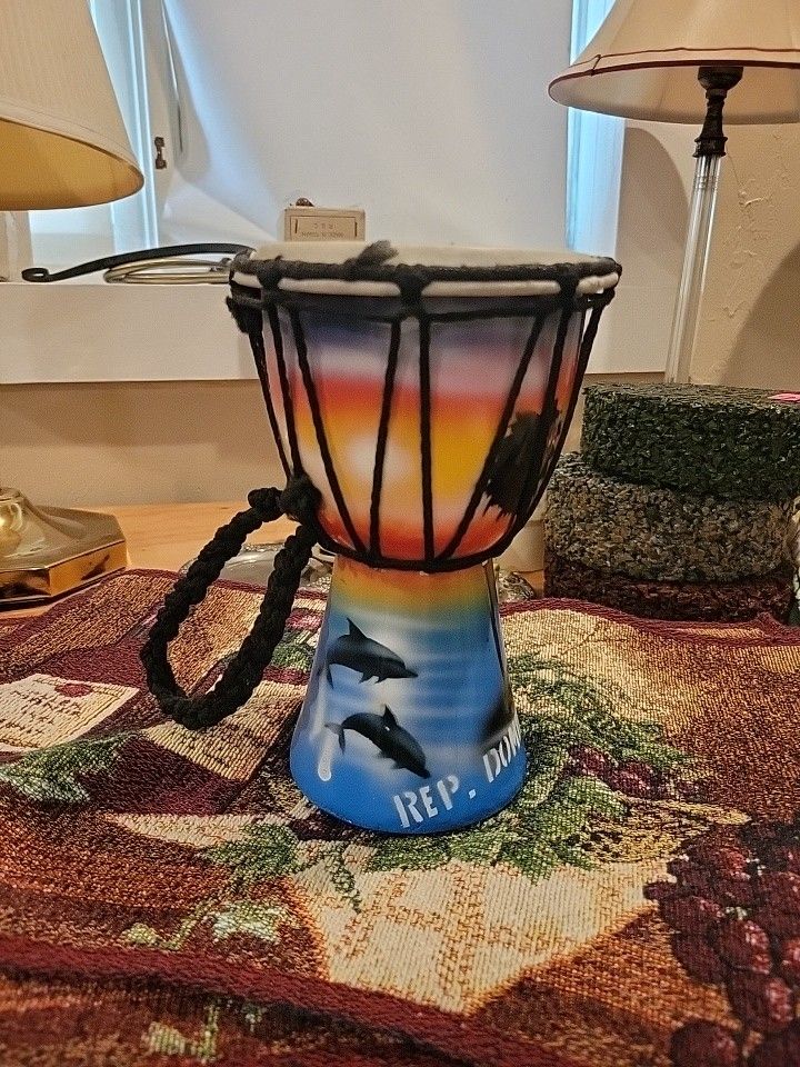 Djembe Drum Souvenir From The Dominican Republic 12” Tall By 5” Round
