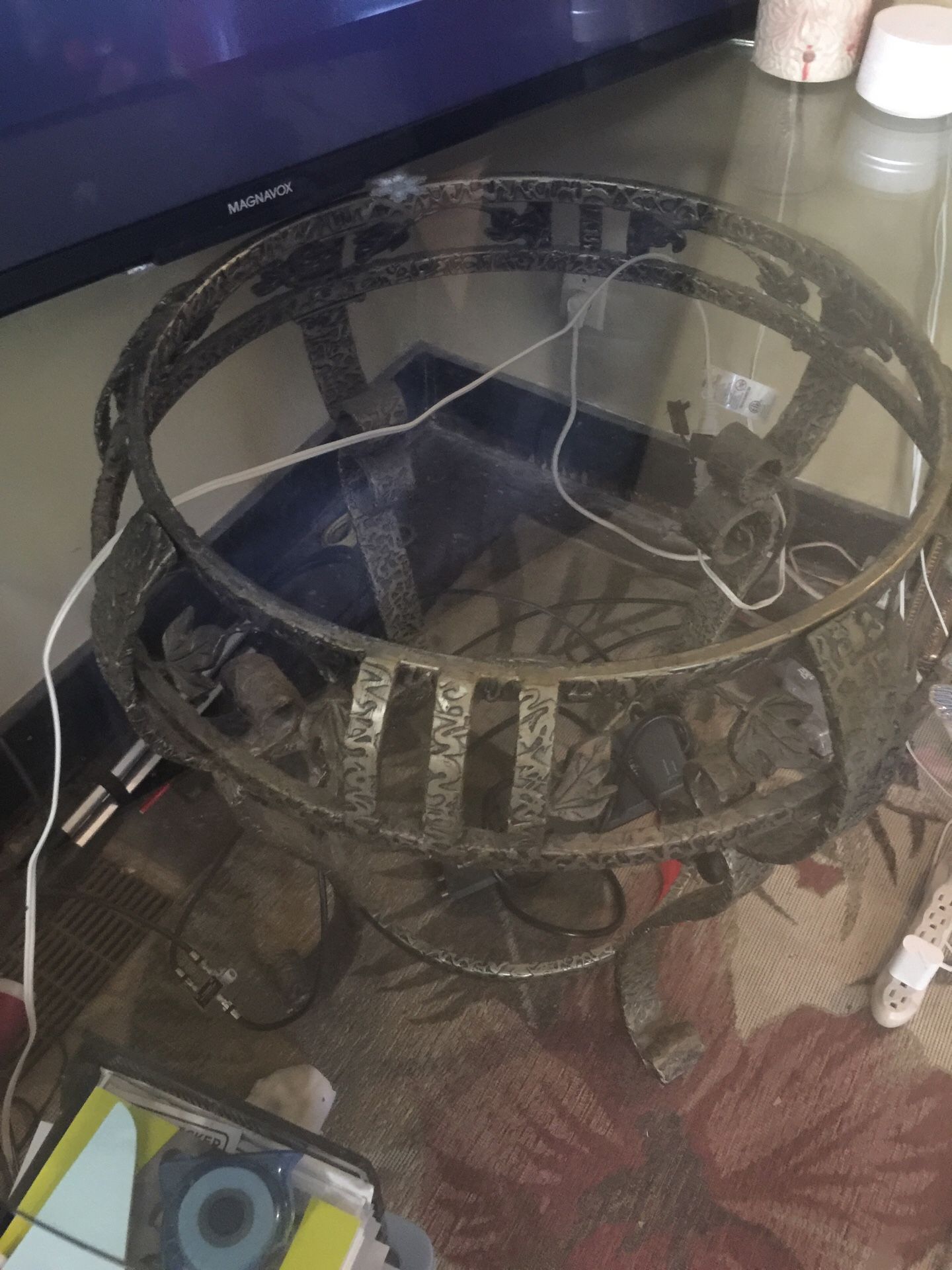 Glass metal based Rid Iron it’s a beautiful glass table with a beautiful chairs match the chairs of recently I’ve been recovered I am asking 150 for