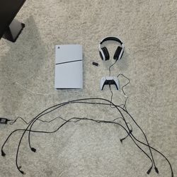 PS5 w/controller, headset & gaming monitor.