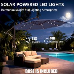 10ft Offset Solar LED Cantilever Umbrella – Durable UV-Resistant Outdoor Patio Umbrella with Easy Tilt for Backyard, Pool & Lawn (Base Included)