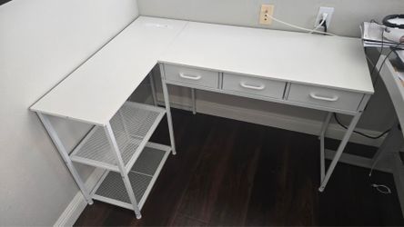 L-Shaped White Desk with Storage Shelves & Drawers