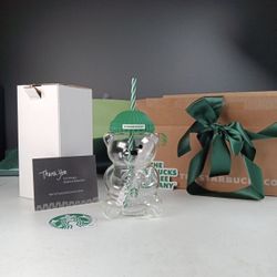 NEW Starbucks BEAR Glass Cold Cup GLS Barista AUTHENTIC with Box