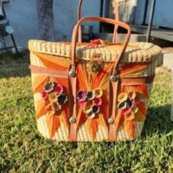 Mid Century Vintage Large Woven Straw Bucket Basket Purse