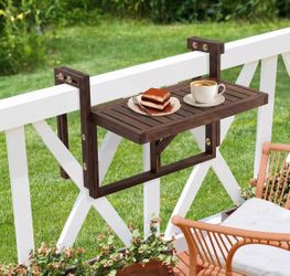 VINGLI 22in Acacia Wood Folding Balcony Hanging Table – Adjustable Height & Width, Balcony Railing Table Ideal for Different Railing Widths, Perfect f