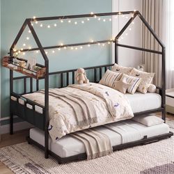 Daybed with Trundle, House Shaped Twin Bed Frame,Black with Storage,Day Sofa Bed for Living Room, Bedroom and Guest Room