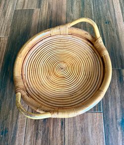 Vintage 16” Coiled Pencil Reed Rattan Serving Tray w/ Handles Boho Coastal