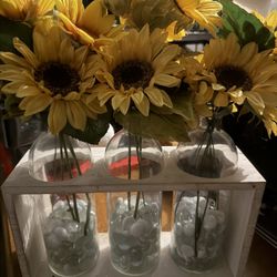 Farmhouse, Metal Tin Basket Farmers Market Artificial Flowers, Floral Sunflowers Home Decor