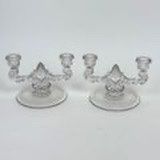 Pair of Vintage Clear Glass Double Candlestick Holders Mid-Century Retro