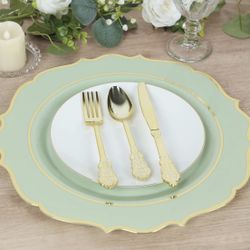 30 Pack Plastic Disposable Charger Plates 13" Round Sage Green with Gold Scalloped Rim - Decorative Dinner Party Serving Plates 