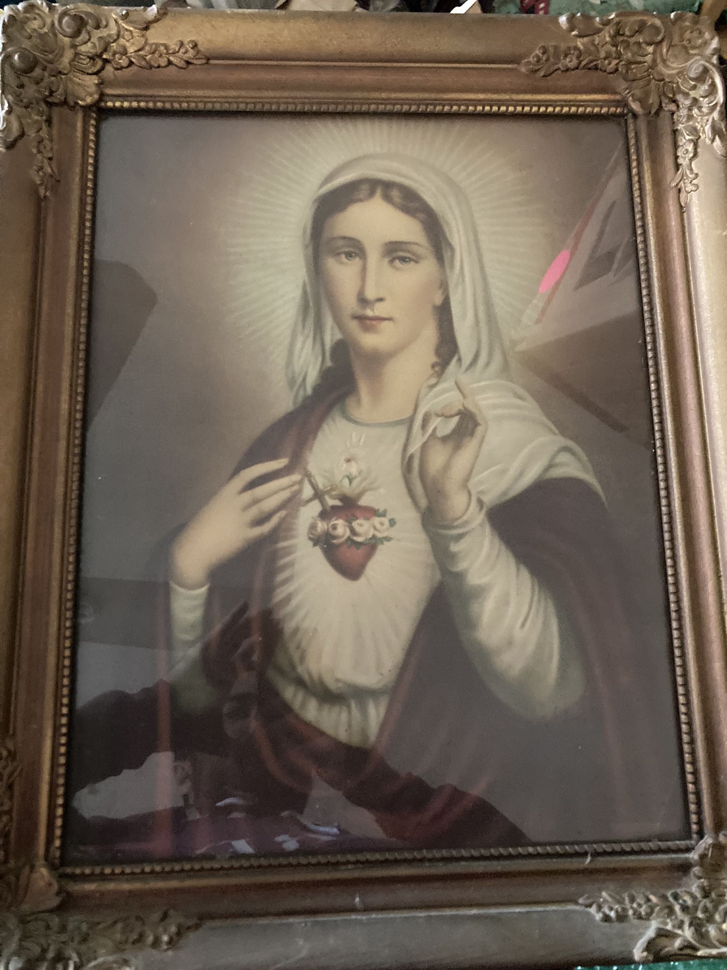 Antique Original Sacred Heart Of Virgin Mary 