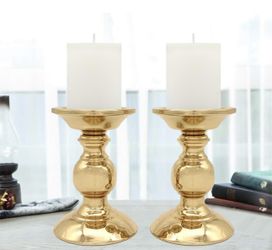 Gold Pillar Candle Holders Set of 2 - Metal Candle Holders for Pillar Candles - 3'' Pillar Candle Holder Centerpieces for Table - Gold Candle Stands D