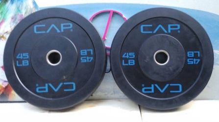 PAIR  OF  NEW  RUBBER/BUMPER  45 LB.  PLATES
 • I also have RUBBER (5s-90s) DUMBBELLS  &  STEEL (5s-100s) DUMBBELLS • 5-6-7 FOOT BARBELL BARS • EZ CUR