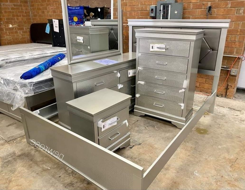 Amalia Silver Panel Bedroom Set, Bed, Dresser, Mirror, Nightstand, FAST