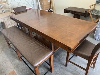 Large farmhouse style pub height table with leaf and 2 benches and 2 barstools