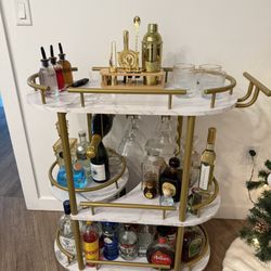 Gold Bar Cart with Wine & Glass Storage