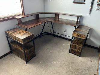 62 x 62 Inches Vista L-Shaped Desk with Monitor Stand and 2 Storage Drawer, Rustic Brown