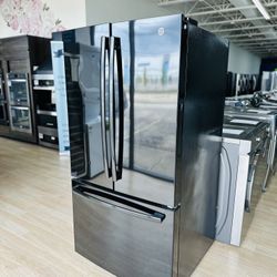 NEW GE - 27.0 Cu. Ft. French Door Refrigerator with Internal Water Dispenser - High Gloss Black Model:GNE27JGMBB