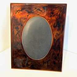 Vtg Faux Burl Wood Resin Picture Frame Brass Trim Oval 8x10 Mid Century Style