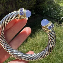 David Yurman Sterling Silver & 14K 10mm Cable Chalcedony Renaissance Bracelet