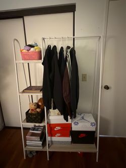 Metal Clothes Closet Rack, Clothing Rack for Hanging Clothes White Heavy Duty Garment Rack with 5 Wood Shelves Freestanding Portable Closet Organizer 