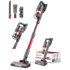 Cordless Rechargeable Vacuum Cleaners, Powerful Vacuum Up to 35 Mins Runtime with 85,000PRM Motor, 2 Adjustable Suction for Home (Gray Red)