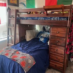 Mahogany Bunk Bed Frame with desk, shelves, and draws