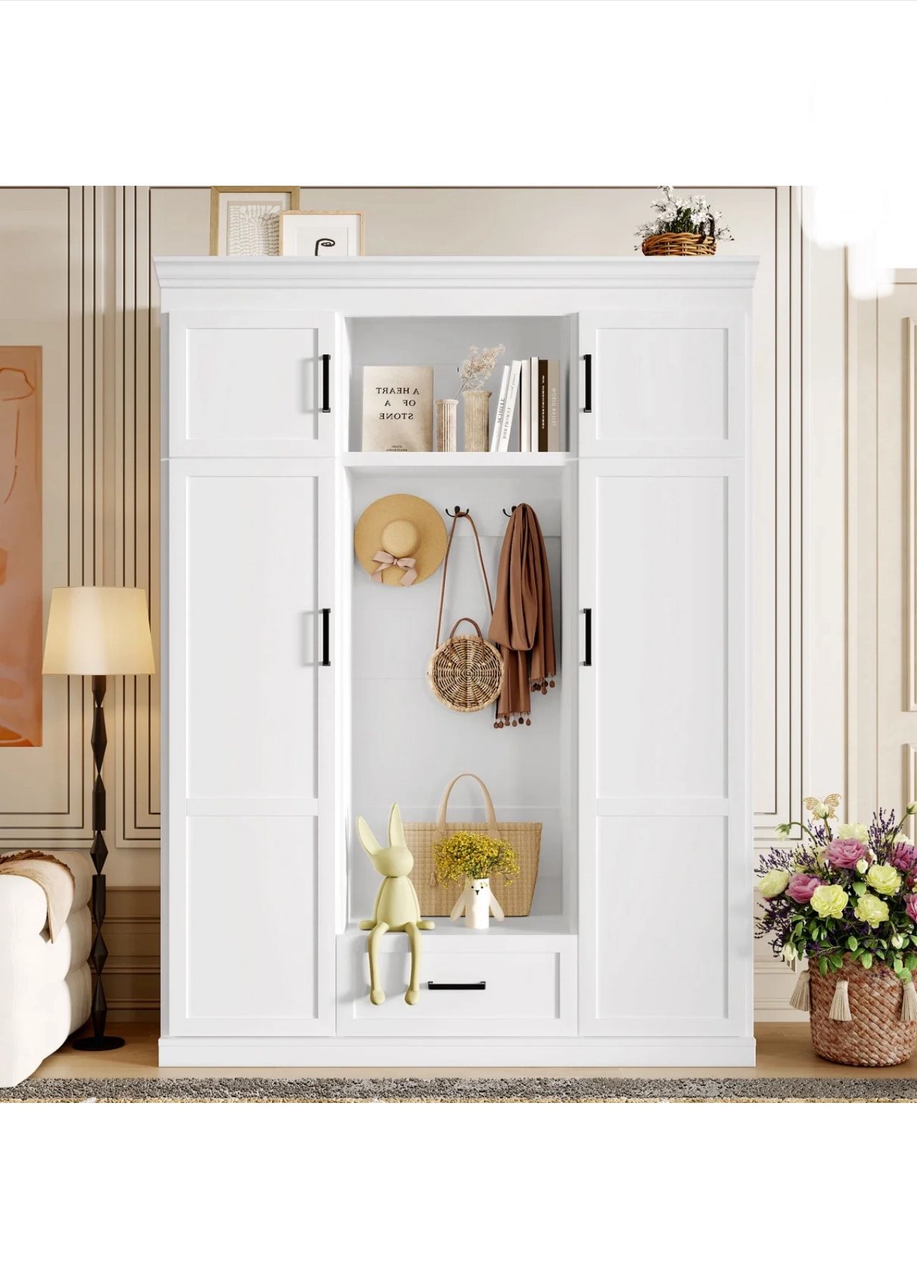 85.2''H Hall Tree with Bench and 3 Hooks, Modern Mudroom Organizer Cabinet with 1 Drawer, 4 Doors and Adjustable Shelves for Hallway, Entryway, New