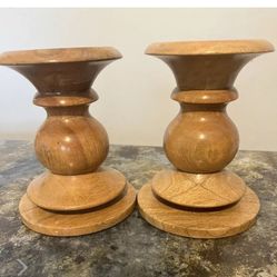 Pottery Barn Turned Fruitwood Pillar Candle Holder 6” Set