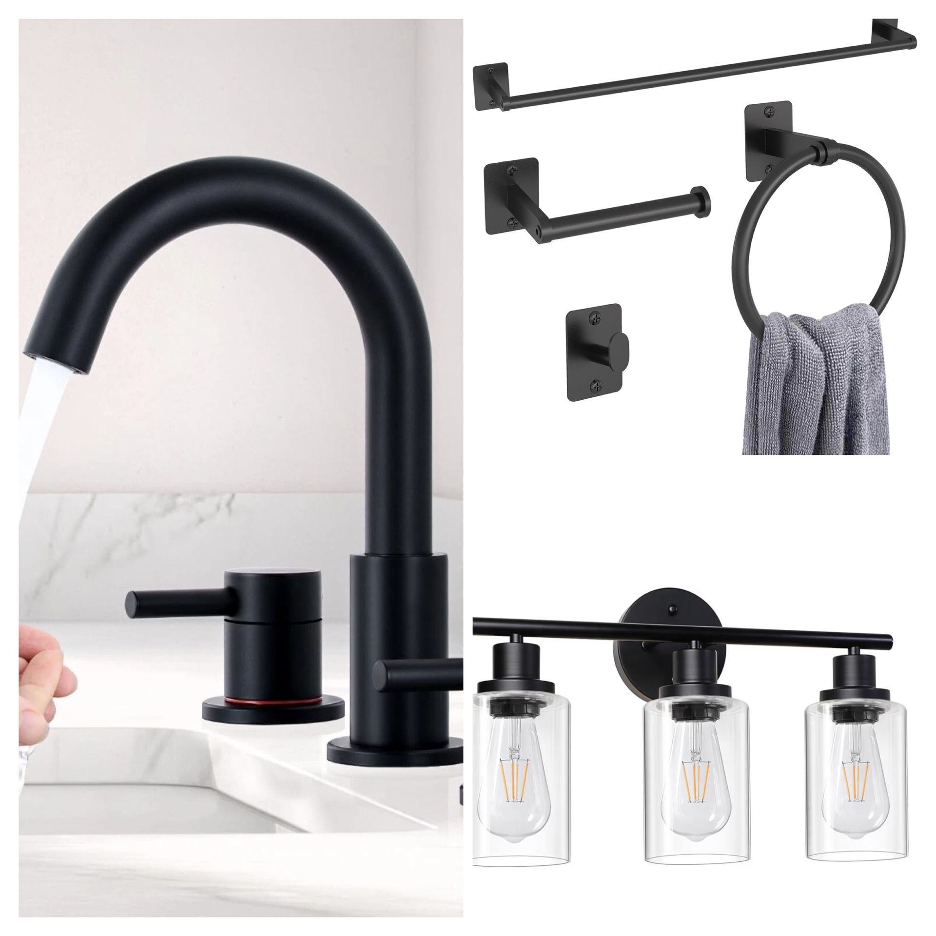 Bathroom Bundle β Matte Black Faucet + 3-Light Vanity + Accessories Set