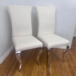 New Set Of 2 White Velvet Dining Chairs Rolled Back Silver Mirrored Stainless Steel Cabriole Legs