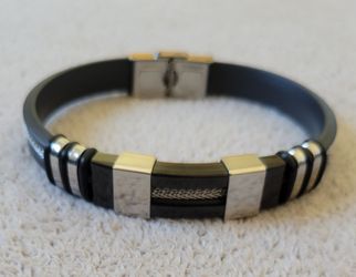 Black Silicone Silver Stainless Steel Chain Wristband Bracelet for Men Fashion