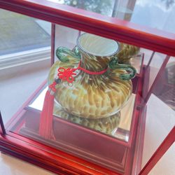 Chinese-Style Blown Glass Vase In Wooden Glass Display Case