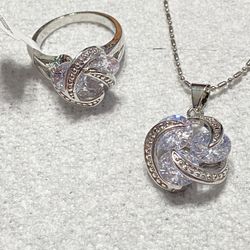 Set Necklace And Ring , Three CZ Crystal In Sterling Silver 