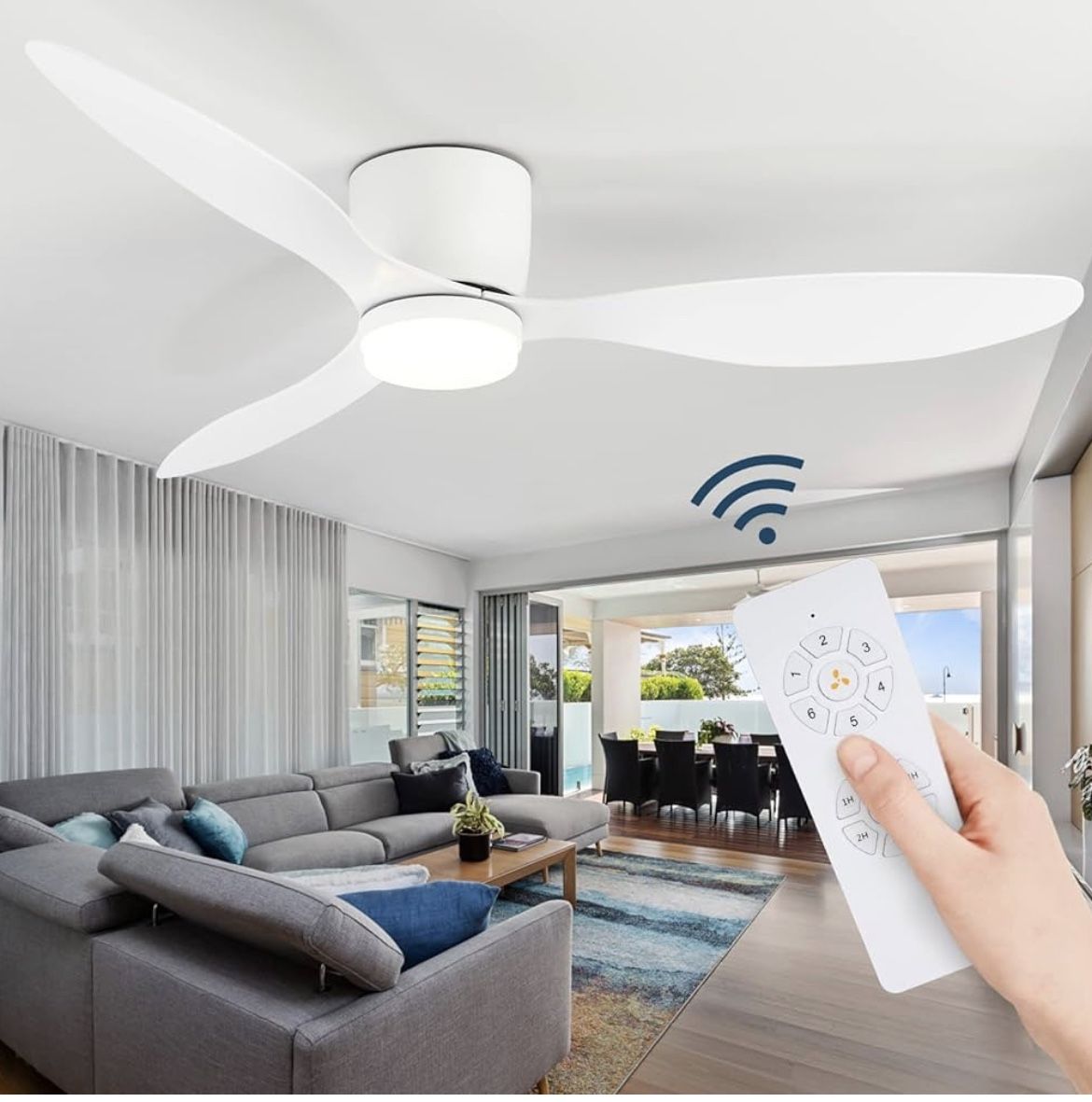 GESUM Ceiling Fan with Light, 52" Low Profile Ceiling Fan with Remote Control Tri-color Temperatures, 6 Speeds,Flush Mount Quiet Ceiling Fan for Kitch