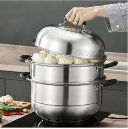 MANO 12.6 Inch Cooking Steamer with Lid, 2-Level Stainless Steel Steamer, Multipurpose Kitchen Utensils with Handle for Vegetables, Dumplings, Broth, 