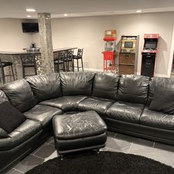 Black Leather Couch And Chair, And Ottoman