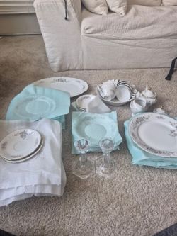 White Floral Porcelain Dinner Set with Plates & Glass Candle Holders
