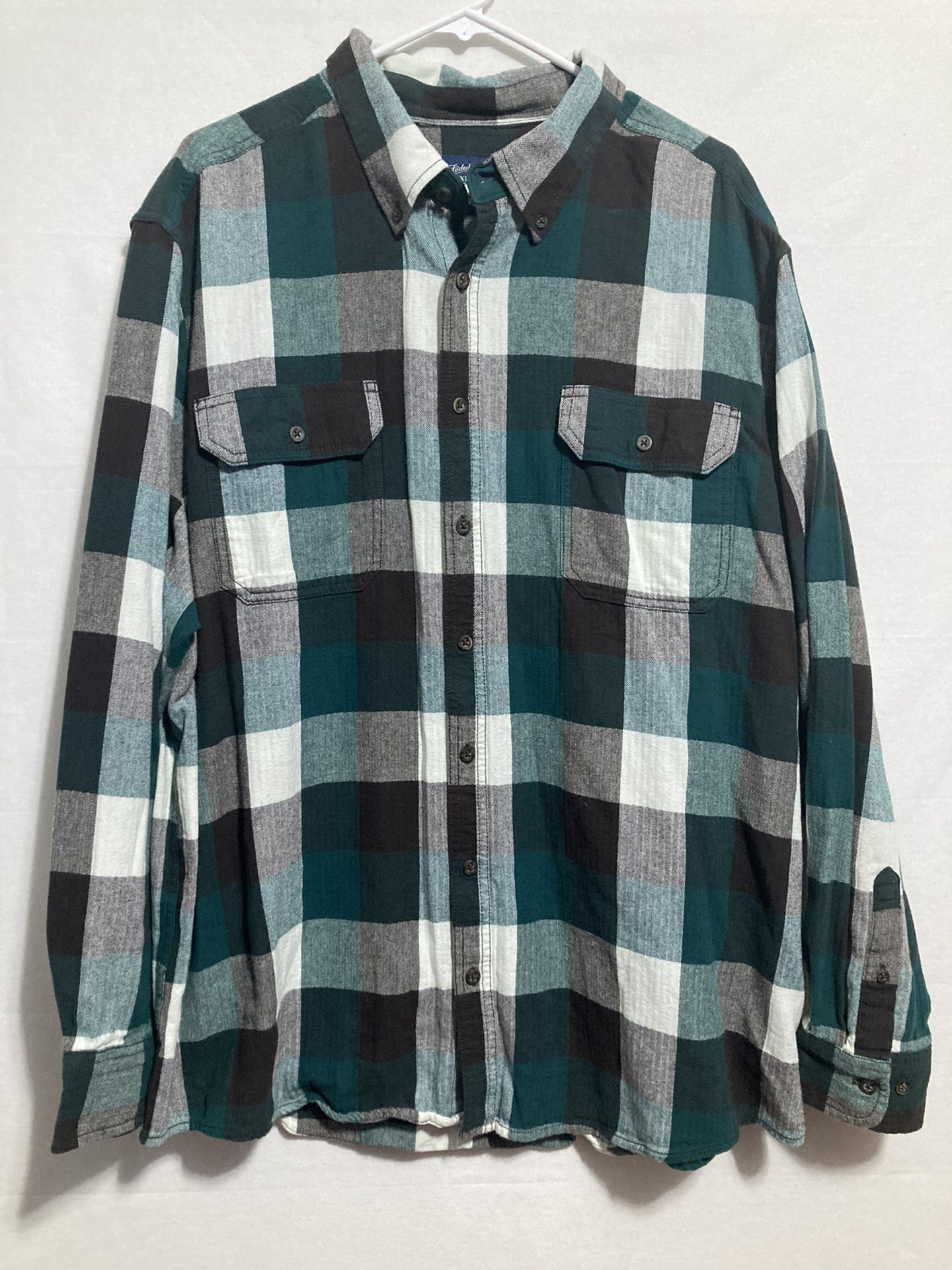 Faded Glory Flannel Plaid Shirt Long Sleeve Button Down Men’s 2XL Green Pockets