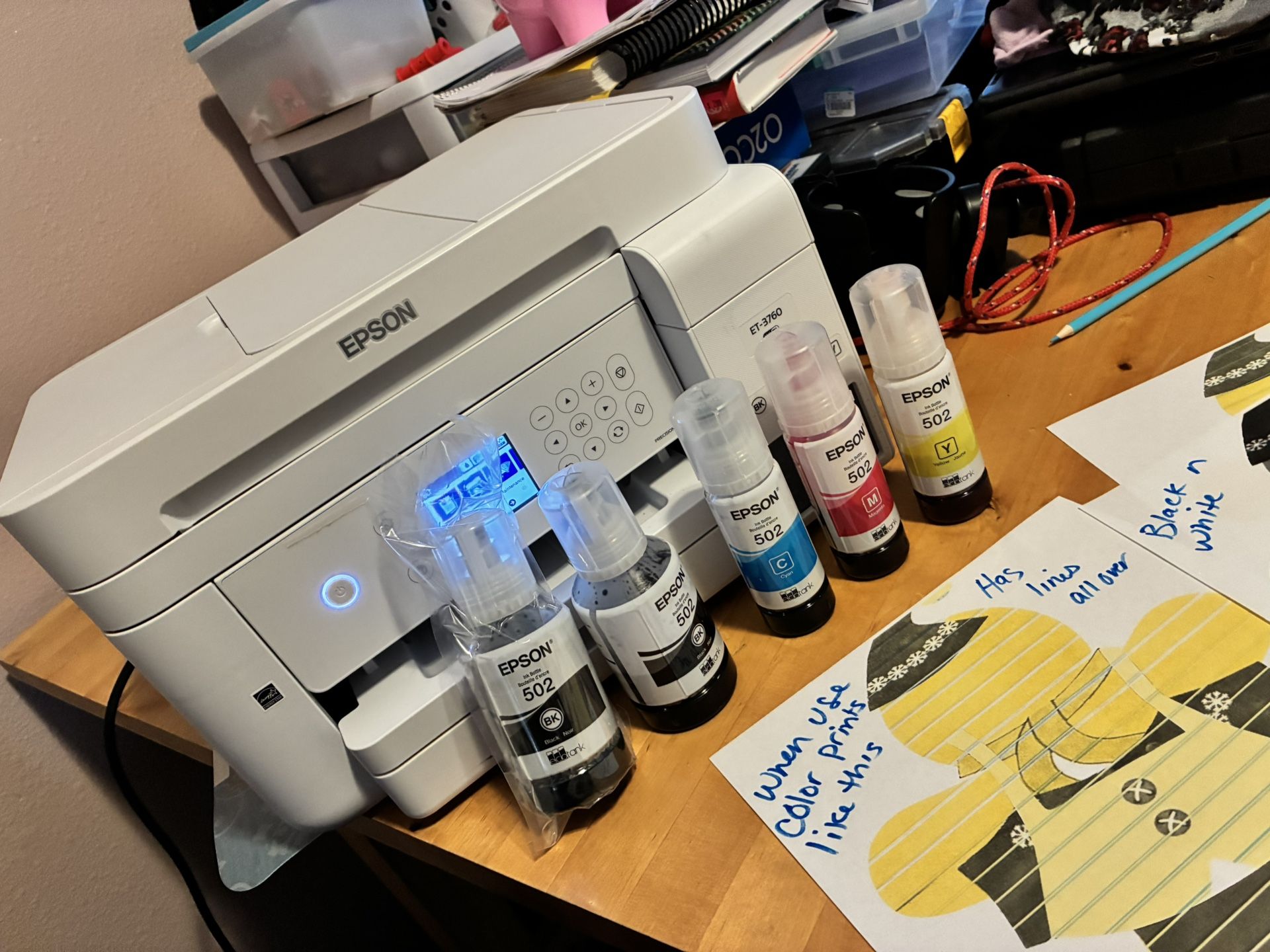 🤗🤗💞💞💞$$135 - (TLC needed) Epson wireless ecotank (ET-3760) printer with lots of extra ink- needs work but does print-I have taken pictures of how
