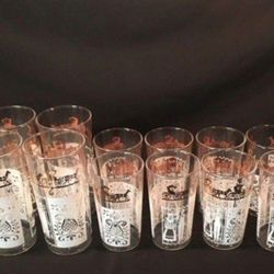 1950s Anchor Hocking glassware Gold n White Pennsylvania Dutch Collection. Tall Tumblers and Juice Glasses.  Antique classics.  SEE FULL AD BELOW