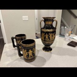 Vintage 24k Gold Painted Vase and Mugs from Greece 