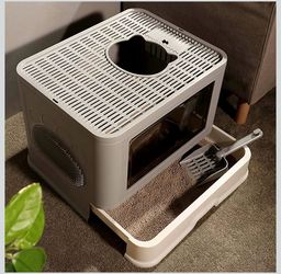 Foldable Enclosed Cat Litter Box Dual Top Front Entry Splashproof design, includes litter scoop, simple cleaning for cats and kittens(Gray)